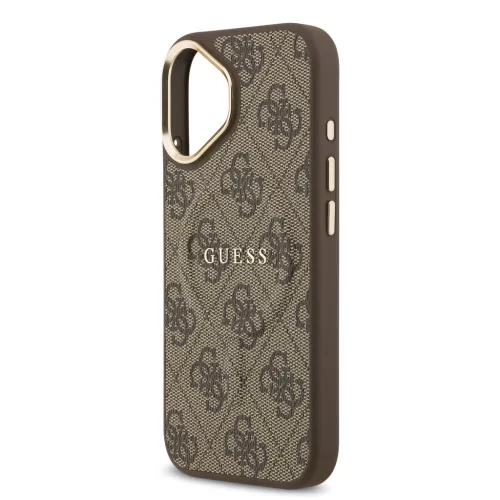 Guess PU Leather 4G arany Frame MagSafe tok, iPhone 17 - barna