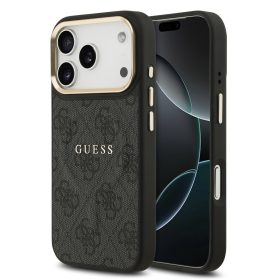   Guess PU Leather 4G arany Frame MagSafe tok, iPhone 17 Pro - fekete