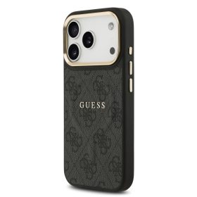   Guess PU Leather 4G arany Frame MagSafe tok, iPhone 17 Pro - fekete