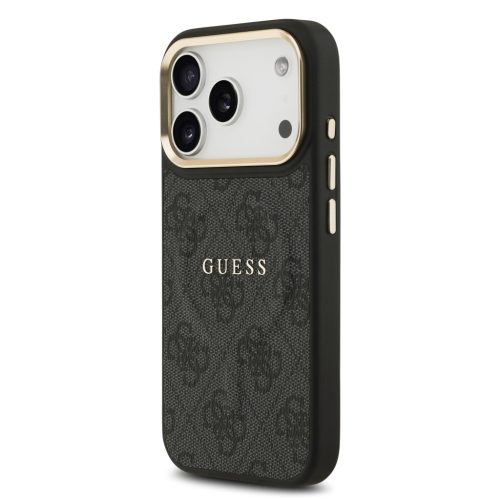 Guess PU Leather 4G arany Frame MagSafe tok, iPhone 17 Pro - fekete