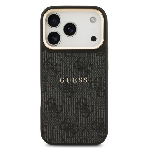 Guess PU Leather 4G arany Frame MagSafe tok, iPhone 17 Pro - fekete
