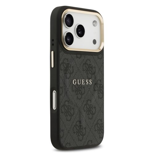 Guess PU Leather 4G arany Frame MagSafe tok, iPhone 17 Pro - fekete