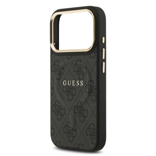 Guess PU Leather 4G arany Frame MagSafe tok, iPhone 17 Pro - fekete