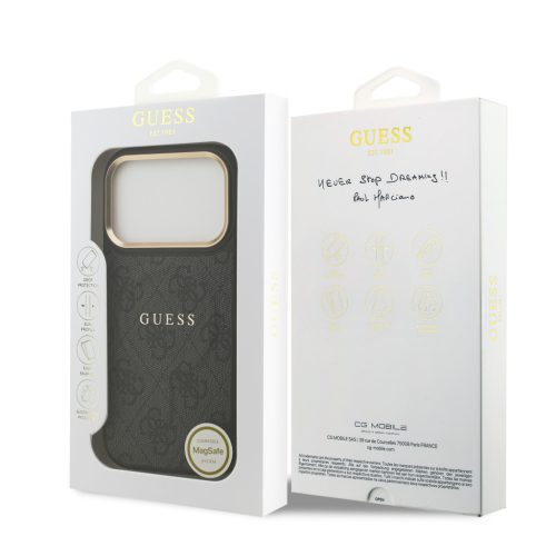 Guess PU Leather 4G arany Frame MagSafe tok, iPhone 17 Pro - fekete