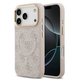   Guess PU Leather 4G - arany Frame MagSafe tok, iPhone 17 Pro - rózsaszín