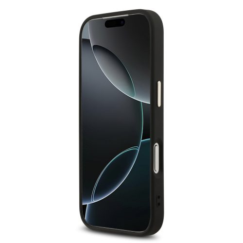 Guess PU Leather 4G Strass Triangle Logo arany Frame MagSafe tok, iPhone 17 Pro - fekete