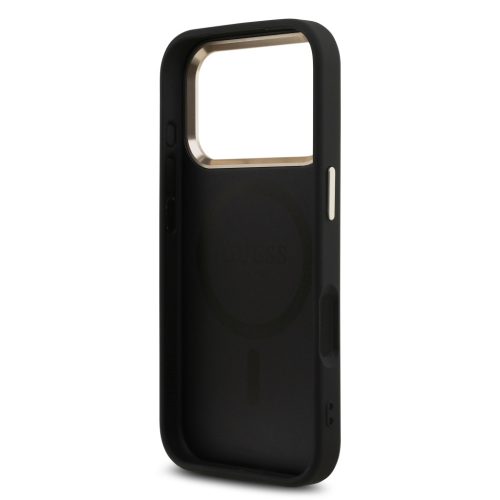 Guess PU Leather 4G Strass Triangle Logo arany Frame MagSafe tok, iPhone 17 Pro - fekete