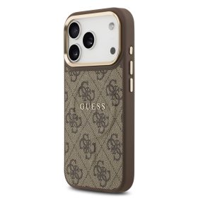   Guess PU Leather 4G Strass Triangle Logo arany Frame MagSafe tok, iPhone 17 Pro - barna
