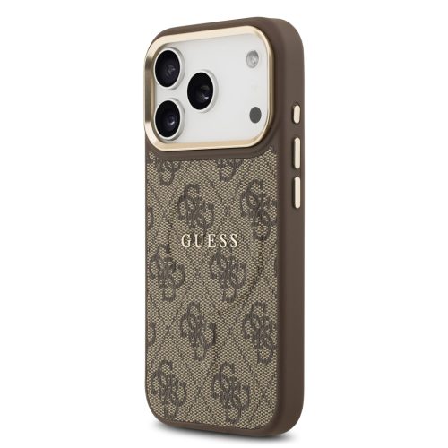 Guess PU Leather 4G Strass Triangle Logo arany Frame MagSafe tok, iPhone 17 Pro - barna