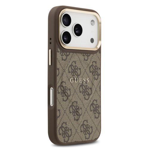 Guess PU Leather 4G Strass Triangle Logo arany Frame MagSafe tok, iPhone 17 Pro - barna