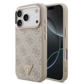  Guess PU Leather 4G Strass Triangle Logo arany Frame MagSafe tok, iPhone 17 Pro - rózsaszín