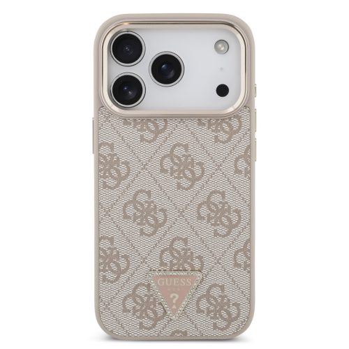 Guess PU Leather 4G Strass Triangle Logo arany Frame MagSafe tok, iPhone 17 Pro - rózsaszín
