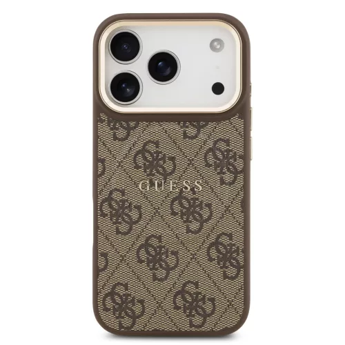 Guess PU Leather 4G Strass Triangle Logo arany Frame MagSafe tok, iPhone 17 Pro Max - barna -