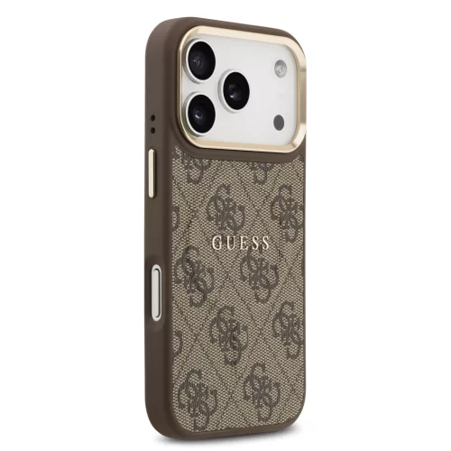 Guess PU Leather 4G Strass Triangle Logo arany Frame MagSafe tok, iPhone 17 Pro Max - barna -