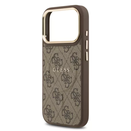 Guess PU Leather 4G Strass Triangle Logo arany Frame MagSafe tok, iPhone 17 Pro Max - barna -