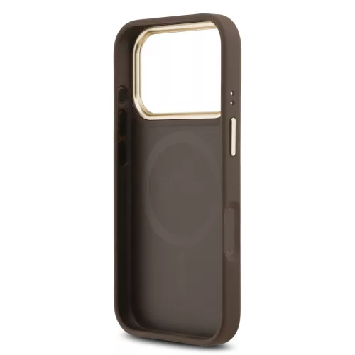 Guess PU Leather 4G Strass Triangle Logo arany Frame MagSafe tok, iPhone 17 Pro Max - barna -