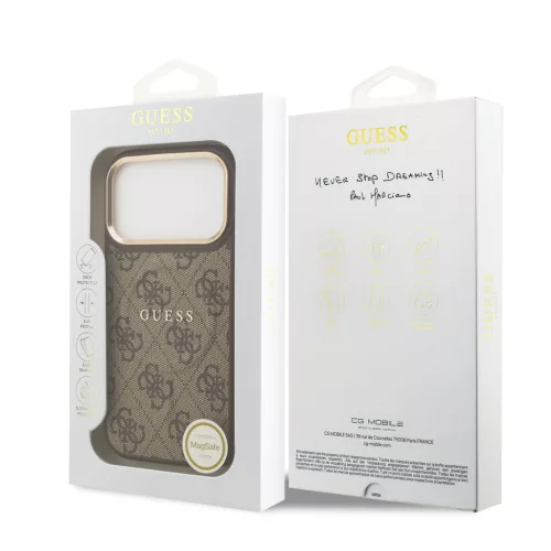 Guess PU Leather 4G Strass Triangle Logo arany Frame MagSafe tok, iPhone 17 Pro Max - barna -