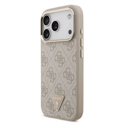 Guess PU Leather 4G Strass Triangle Logo arany Frame MagSafe tok, iPhone 17 Pro Max - rózsaszín