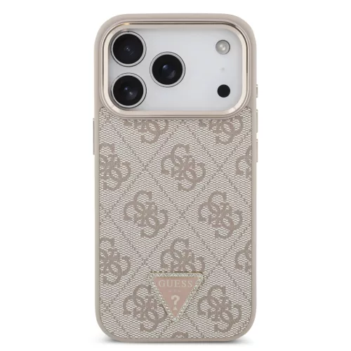 Guess PU Leather 4G Strass Triangle Logo arany Frame MagSafe tok, iPhone 17 Pro Max - rózsaszín
