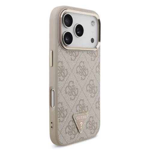 Guess PU Leather 4G Strass Triangle Logo arany Frame MagSafe tok, iPhone 17 Pro Max - rózsaszín