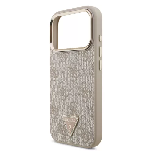 Guess PU Leather 4G Strass Triangle Logo arany Frame MagSafe tok, iPhone 17 Pro Max - rózsaszín