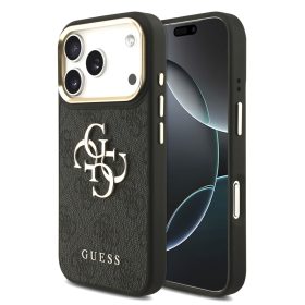   Guess PU Leather 4G Metal Logo arany Frame tok, iPhone 17 Pro - fekete -