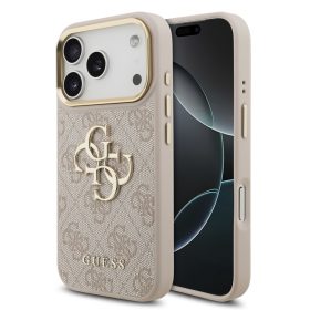   Guess PU Leather 4G Metal Logo arany Frame tok, iPhone 17 Pro - rózsaszín