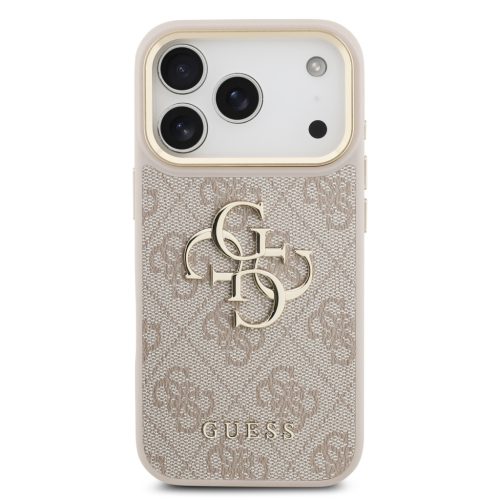 Guess PU Leather 4G Metal Logo arany Frame tok, iPhone 17 Pro - rózsaszín