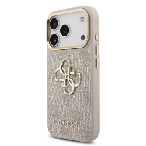 Guess PU Leather 4G Metal Logo arany Frame tok, iPhone 17 Pro Max - rózsaszín