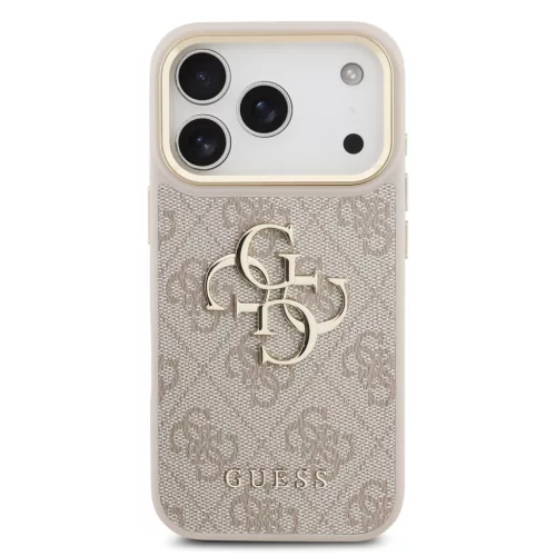 Guess PU Leather 4G Metal Logo arany Frame tok, iPhone 17 Pro Max - rózsaszín