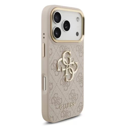 Guess PU Leather 4G Metal Logo arany Frame tok, iPhone 17 Pro Max - rózsaszín