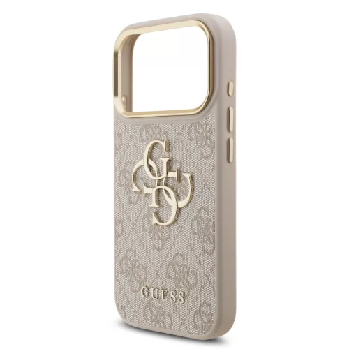 Guess PU Leather 4G Metal Logo arany Frame tok, iPhone 17 Pro Max - rózsaszín