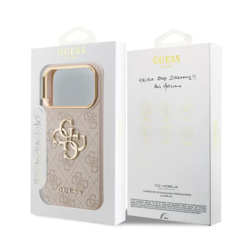 Guess PU Leather 4G Metal Logo arany Frame tok, iPhone 17 Pro Max - rózsaszín