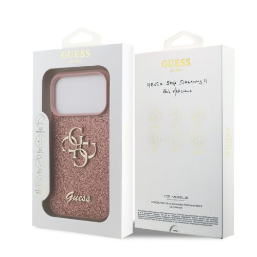 Guess PU Fixed Glitter 4G Metal Logo tok, iPhone 17 Pro - rózsaszín