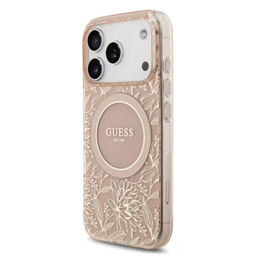 Guess IML Flowers Allover Strap MagSafe tok, iPhone 17 Pro Max - rózsaszín -