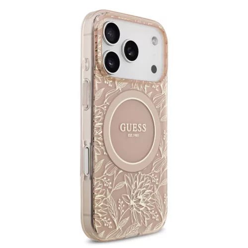 Guess IML Flowers Allover Strap MagSafe tok, iPhone 17 Pro Max - rózsaszín -