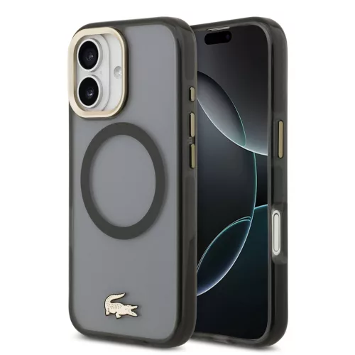 Lacoste PC/TPU Frosted Finish Gold Logo MagSafe tok Apple iPhone 17 készülékhez – Fekete