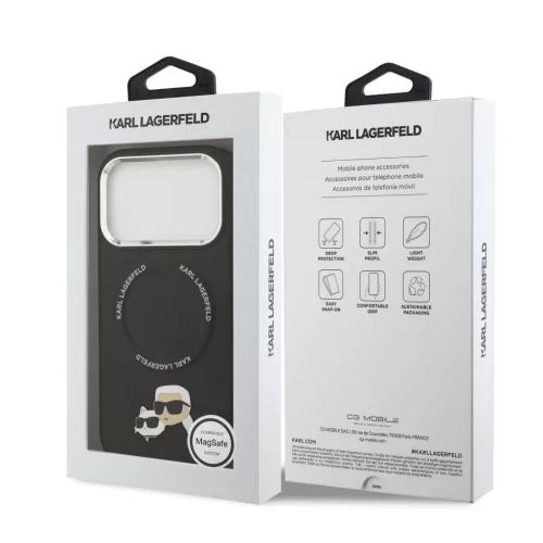 Karl Lagerfeld PU Karl and Choupette Heads Pins MagSafe tok, iPhone 17 Pro Max - fekete