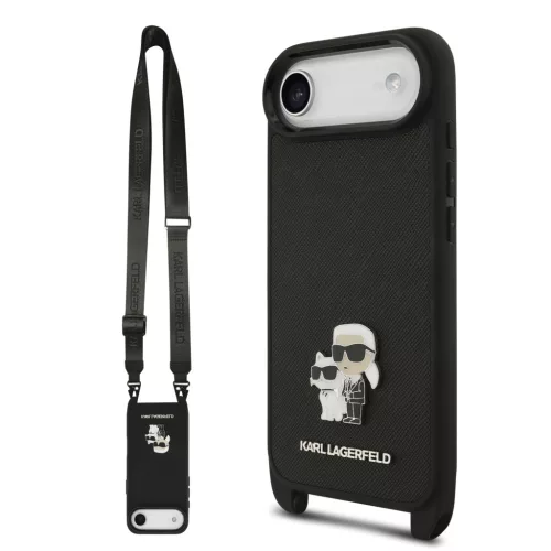 Karl Lagerfeld Saffiano Crossbody Popruh Metal Karl and Choupette tok, iPhone Air - fekete