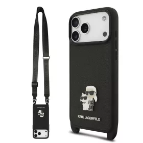   Karl Lagerfeld Saffiano Crossbody Popruh Metal Karl and Choupette tok, iPhone 17 Pro Max - fekete