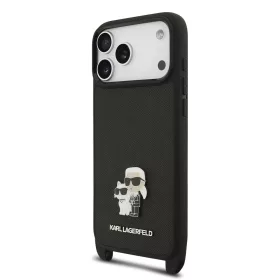   Karl Lagerfeld Saffiano Crossbody Popruh Metal Karl and Choupette tok, iPhone 17 Pro Max - fekete