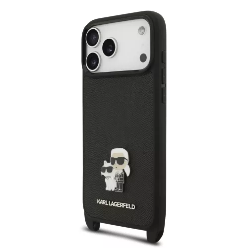 Karl Lagerfeld Saffiano Crossbody Popruh Metal Karl and Choupette tok, iPhone 17 Pro Max - fekete