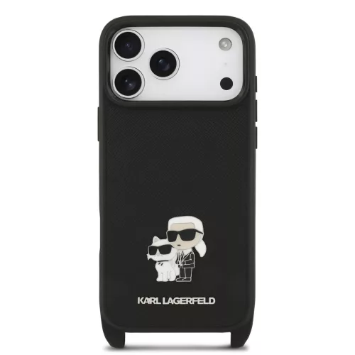 Karl Lagerfeld Saffiano Crossbody Popruh Metal Karl and Choupette tok, iPhone 17 Pro Max - fekete