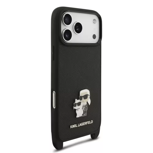 Karl Lagerfeld Saffiano Crossbody Popruh Metal Karl and Choupette tok, iPhone 17 Pro Max - fekete