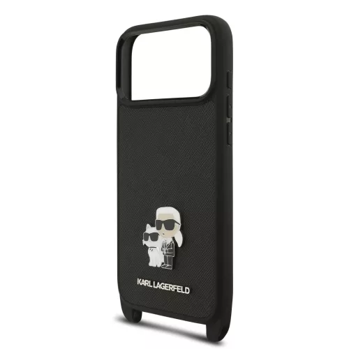Karl Lagerfeld Saffiano Crossbody Popruh Metal Karl and Choupette tok, iPhone 17 Pro Max - fekete
