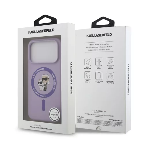 Karl Lagerfeld Liquid Silicone Karl and Choupette MagSafe tok, iPhone 17 Pro - lila