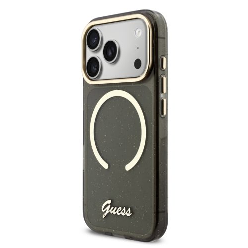 Guess IML Glitter Script Strap MagSafe tok iPhone 17 Pro - fekete
