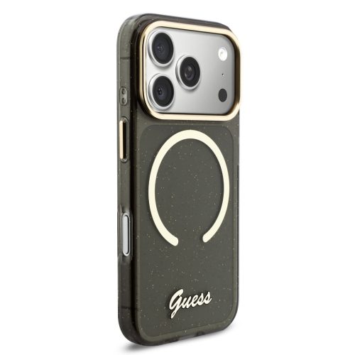 Guess IML Glitter Script Strap MagSafe tok iPhone 17 Pro - fekete