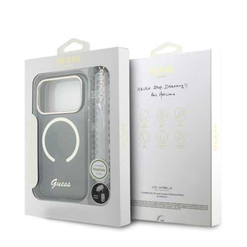 Guess IML Glitter Script Strap MagSafe tok iPhone 17 Pro - fekete