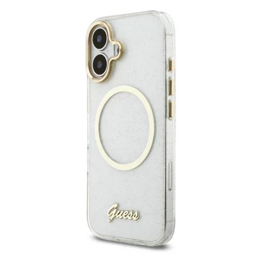 Guess IML Glitter Script Strap MagSafe tok iPhone 17 - átlátszó